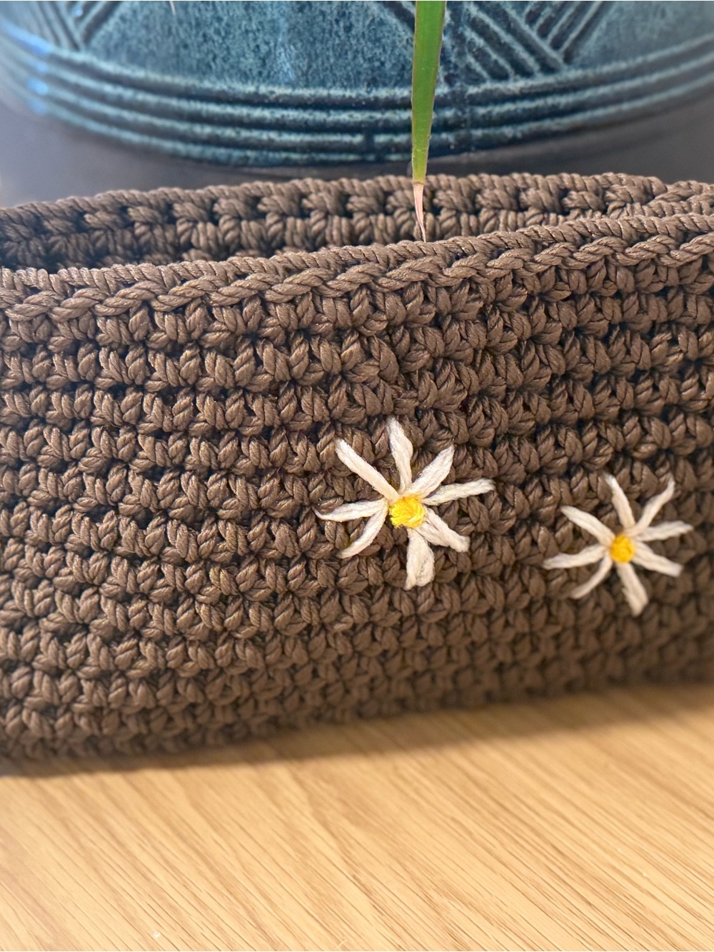 Brown Crocheted Daisy-Accent Clutch